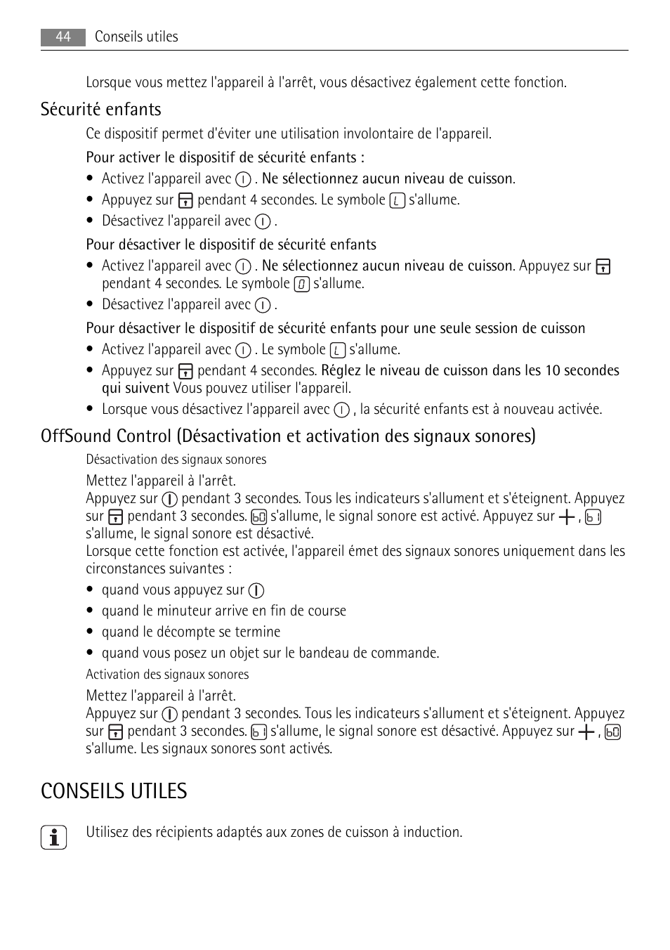 Conseils utiles, Sécurité enfants | AEG HK654250XB User Manual | Page 44 / 84