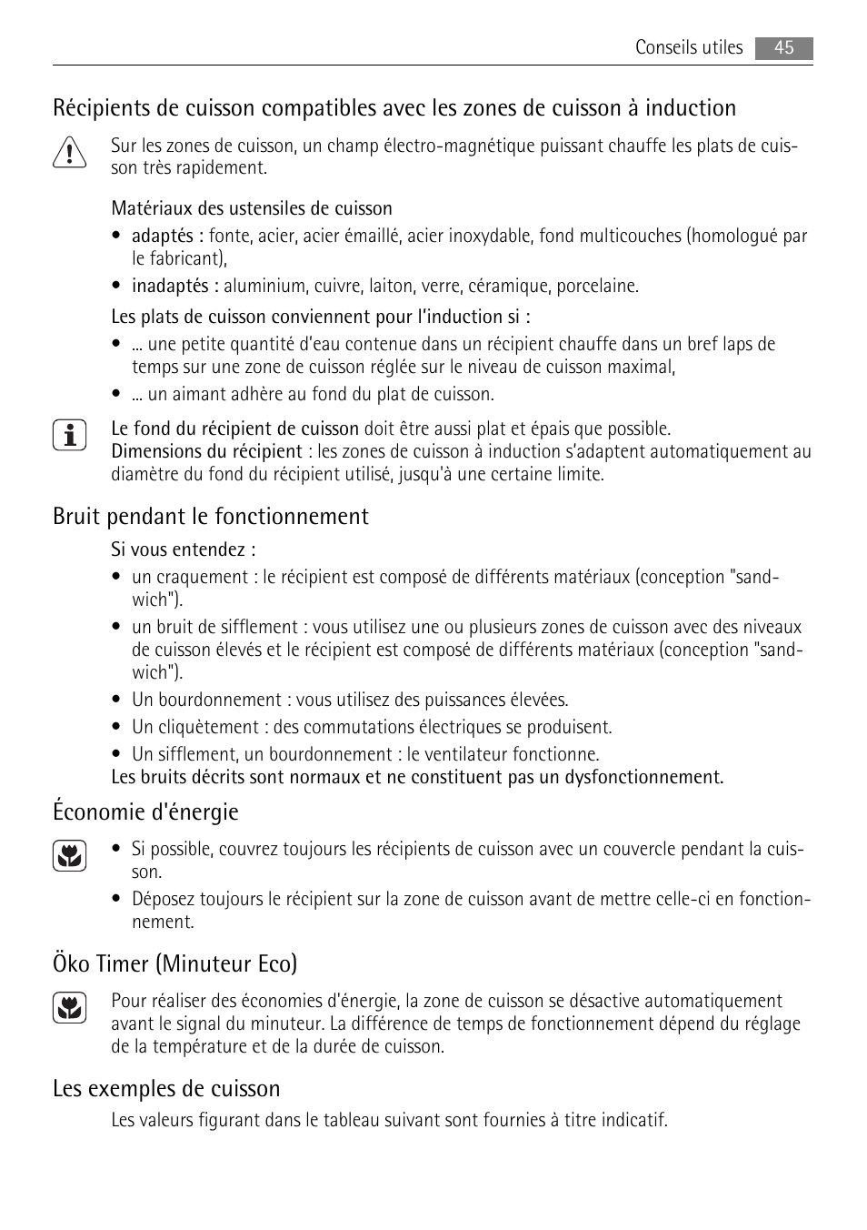 Bruit pendant le fonctionnement, Économie d'énergie, Öko timer (minuteur eco) | Les exemples de cuisson | AEG HK654250XB User Manual | Page 45 / 84