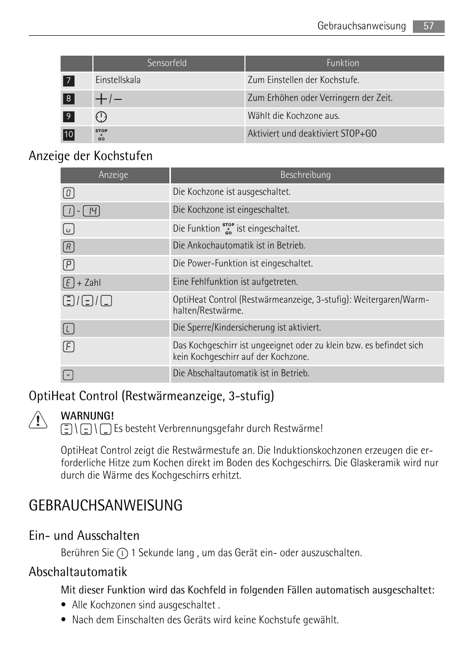 Gebrauchsanweisung, Anzeige der kochstufen, Optiheat control (restwärmeanzeige, 3-stufig) | Ein- und ausschalten, Abschaltautomatik | AEG HK654250XB User Manual | Page 57 / 84