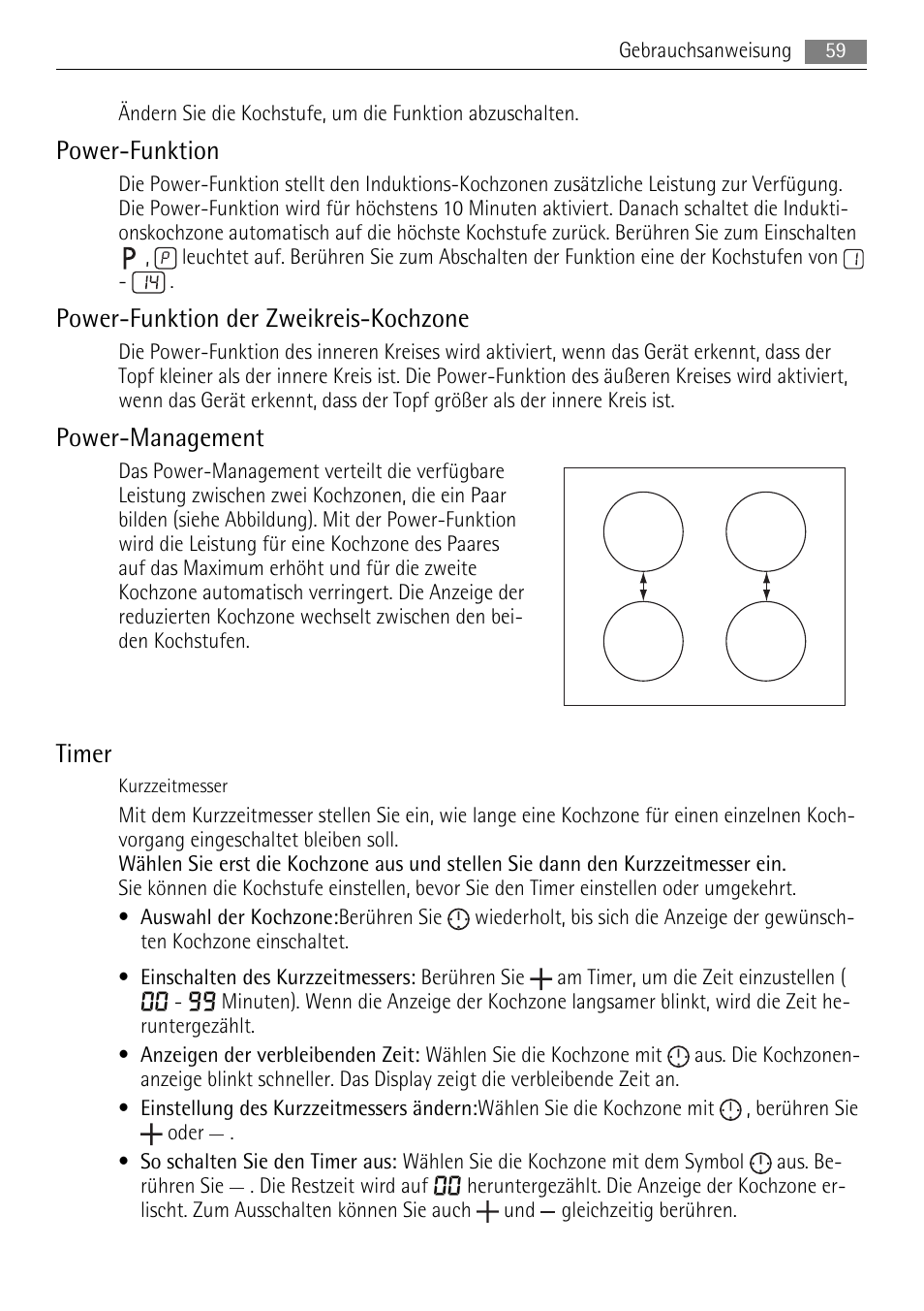 Power-funktion, Power-funktion der zweikreis-kochzone, Power-management | Timer | AEG HK654250XB User Manual | Page 59 / 84