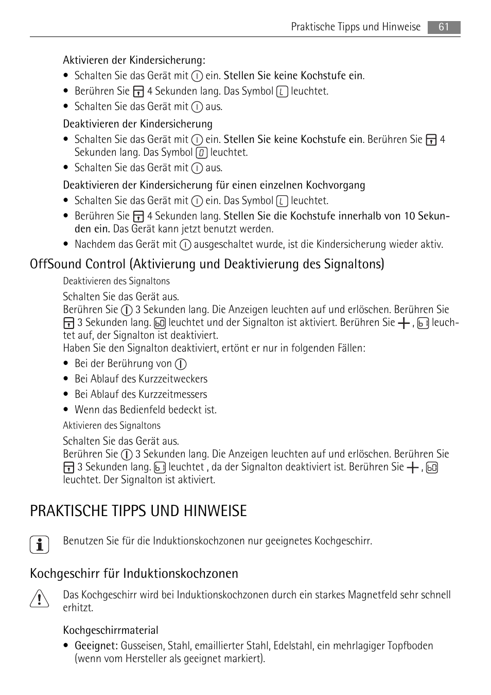 Praktische tipps und hinweise, Kochgeschirr für induktionskochzonen | AEG HK654250XB User Manual | Page 61 / 84