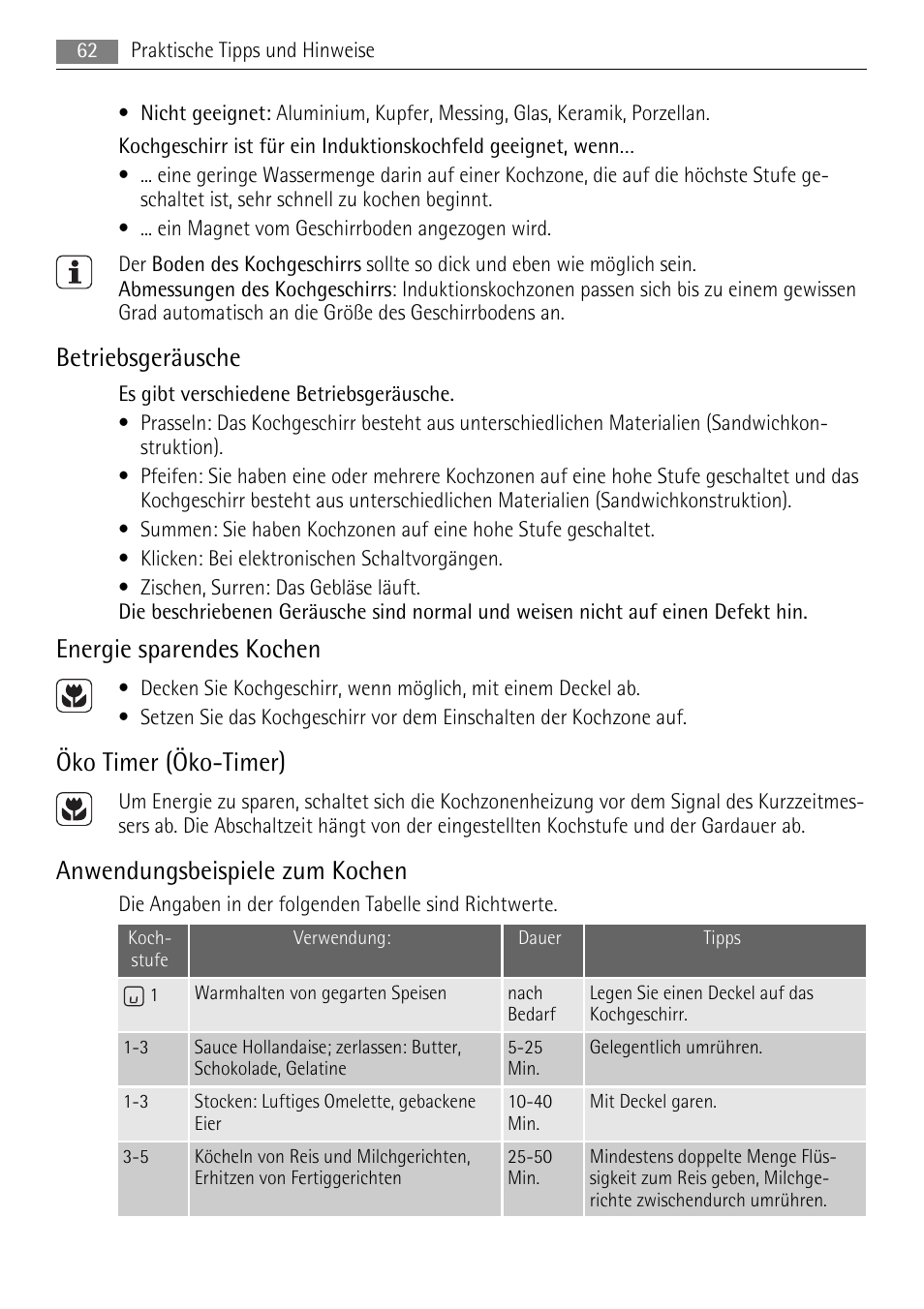 Betriebsgeräusche, Energie sparendes kochen, Öko timer (öko-timer) | Anwendungsbeispiele zum kochen | AEG HK654250XB User Manual | Page 62 / 84