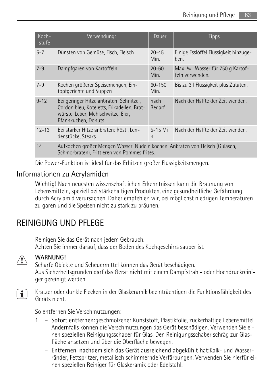 Reinigung und pflege, Informationen zu acrylamiden | AEG HK654250XB User Manual | Page 63 / 84