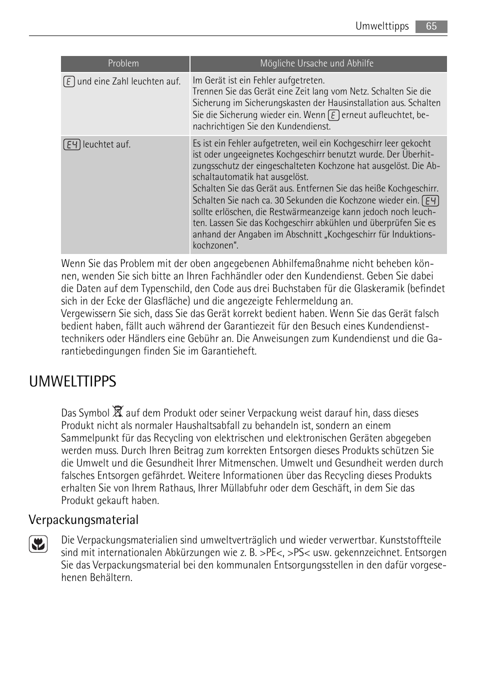 Umwelttipps, Verpackungsmaterial | AEG HK654250XB User Manual | Page 65 / 84