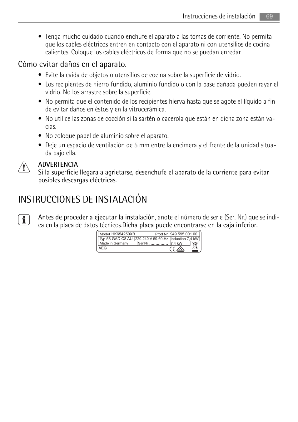 Instrucciones de instalación, Cómo evitar daños en el aparato | AEG HK654250XB User Manual | Page 69 / 84