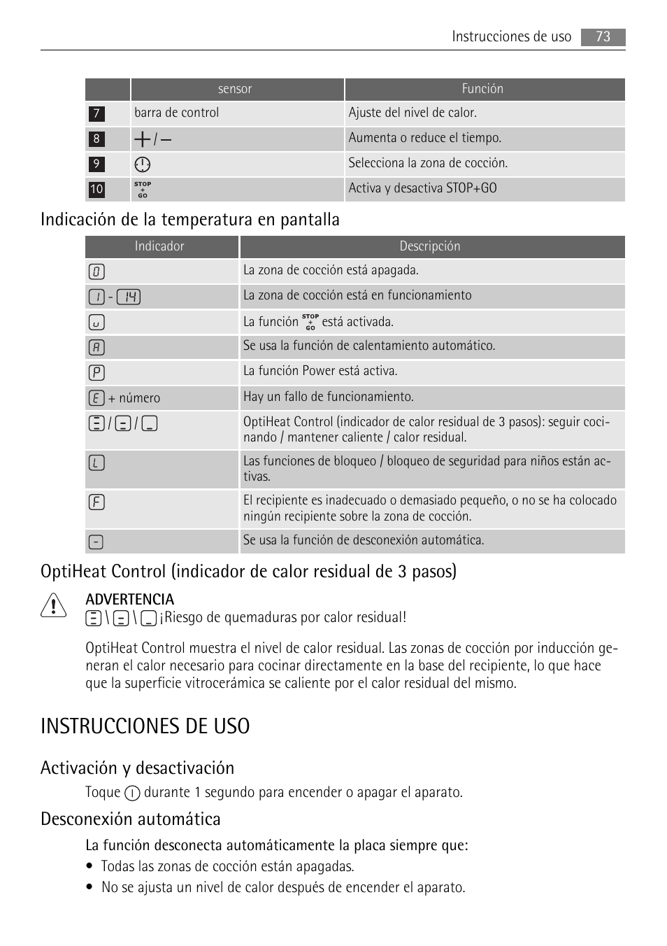 Instrucciones de uso, Indicación de la temperatura en pantalla, Activación y desactivación | Desconexión automática | AEG HK654250XB User Manual | Page 73 / 84