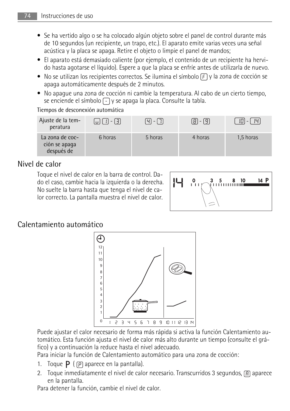 Nivel de calor, Calentamiento automático | AEG HK654250XB User Manual | Page 74 / 84
