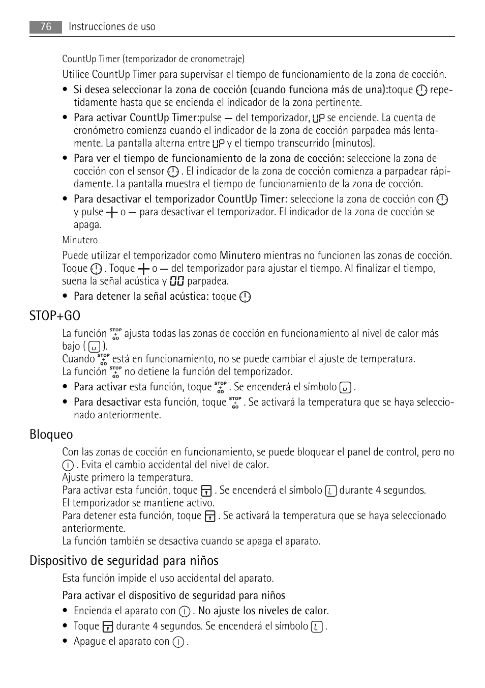 Stop+go, Bloqueo, Dispositivo de seguridad para niños | AEG HK654250XB User Manual | Page 76 / 84