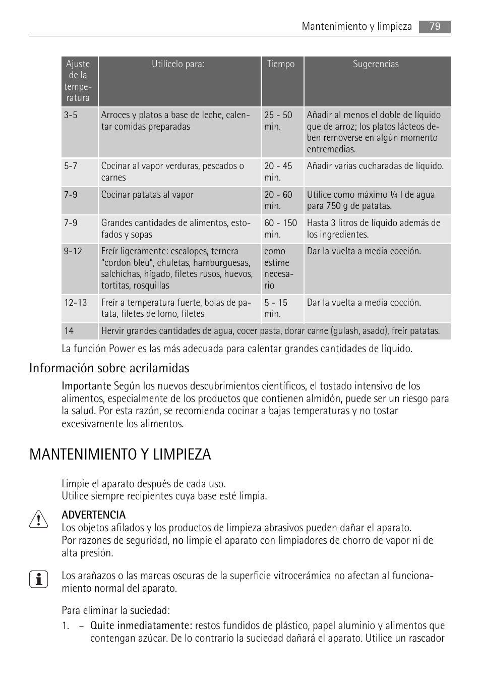 Mantenimiento y limpieza, Información sobre acrilamidas | AEG HK654250XB User Manual | Page 79 / 84