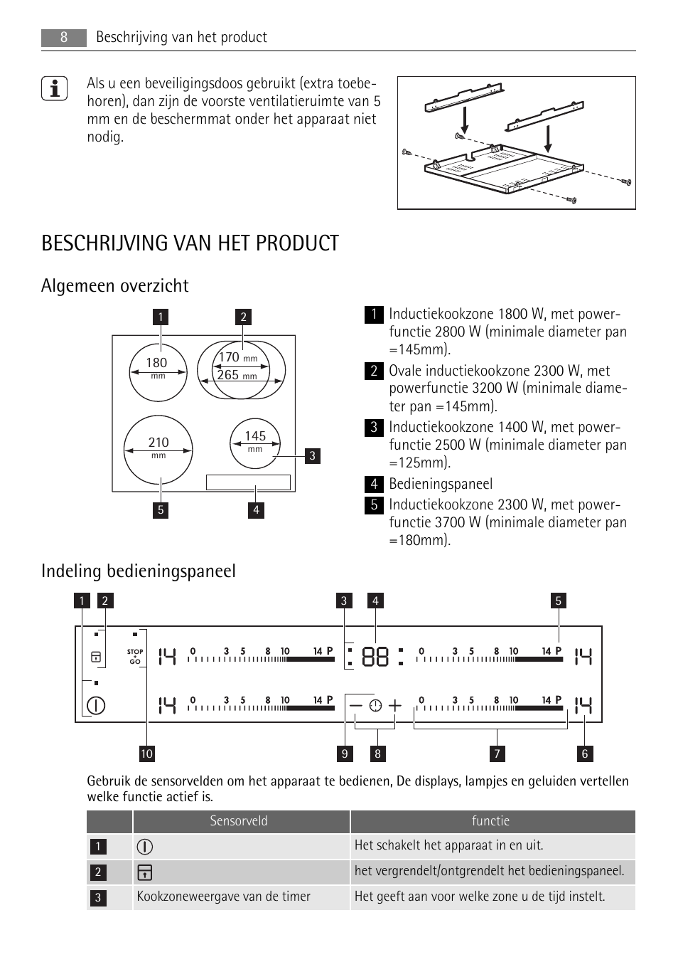 Beschrijving van het product, Algemeen overzicht, Indeling bedieningspaneel | AEG HK654250XB User Manual | Page 8 / 84