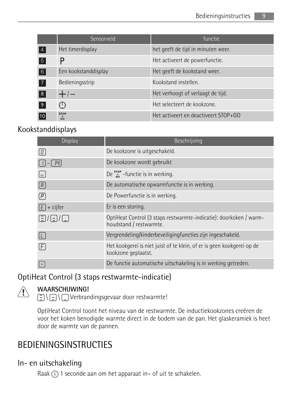 Bedieningsinstructies, Kookstanddisplays, Optiheat control (3 staps restwarmte-indicatie) | In- en uitschakeling | AEG HK654250XB User Manual | Page 9 / 84