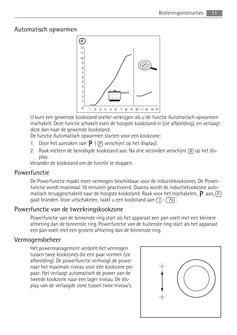 Automatisch opwarmen, Powerfunctie, Powerfunctie van de tweekringskookzone | Vermogensbeheer | AEG HK653320XB User Manual | Page 11 / 88