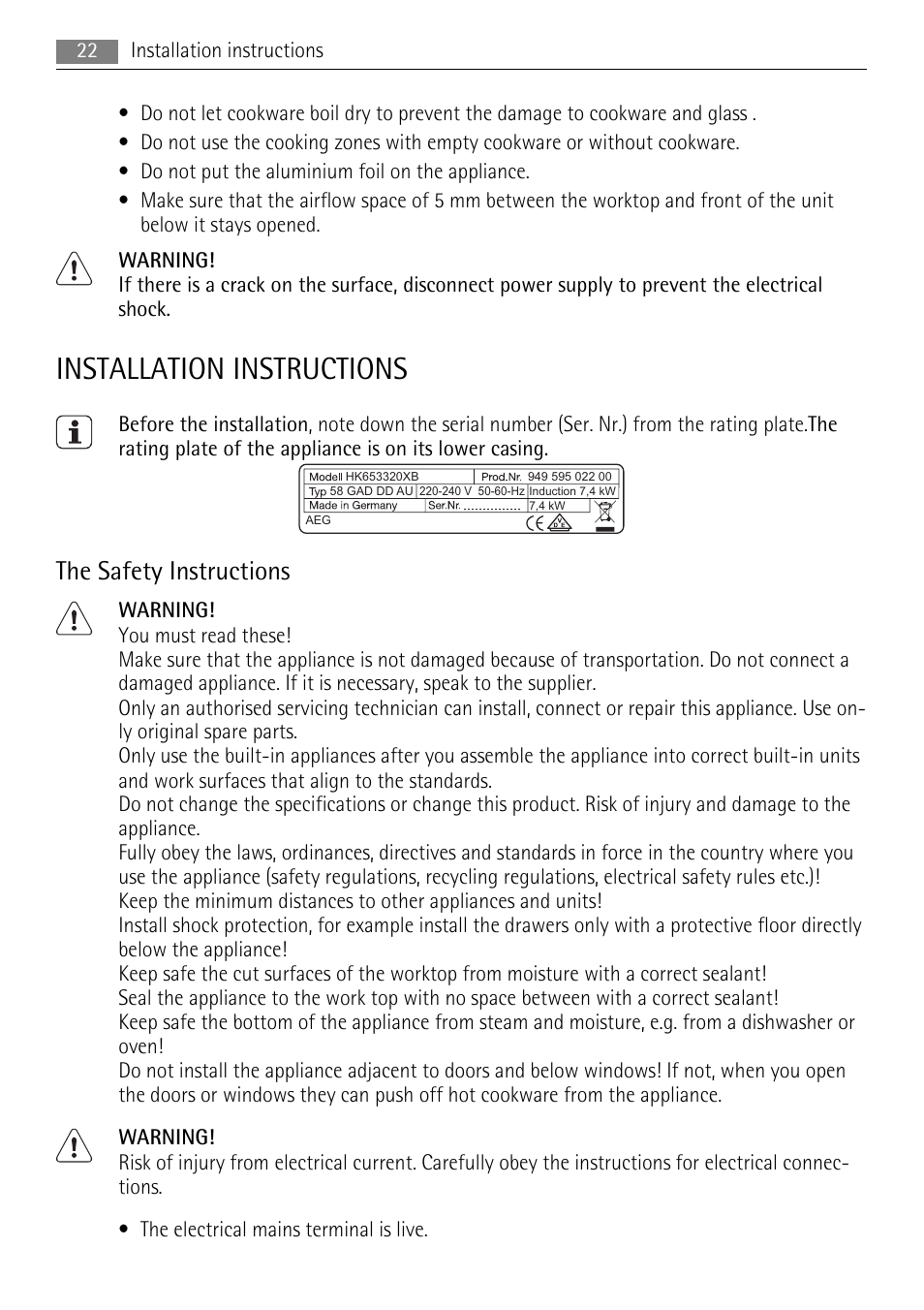 Installation instructions, The safety instructions | AEG HK653320XB User Manual | Page 22 / 88