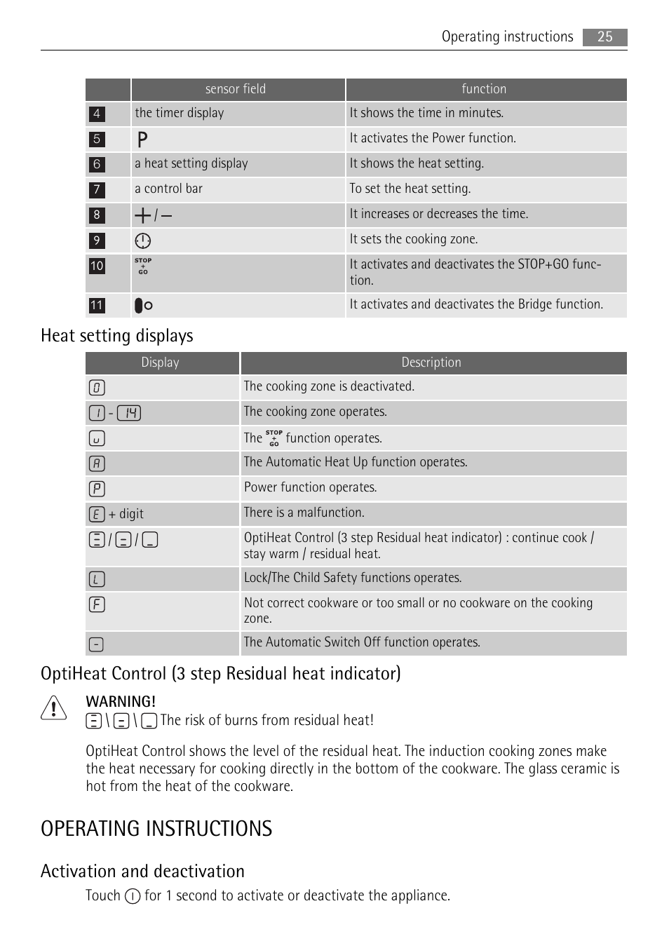 Operating instructions, Heat setting displays, Optiheat control (3 step residual heat indicator) | Activation and deactivation | AEG HK653320XB User Manual | Page 25 / 88