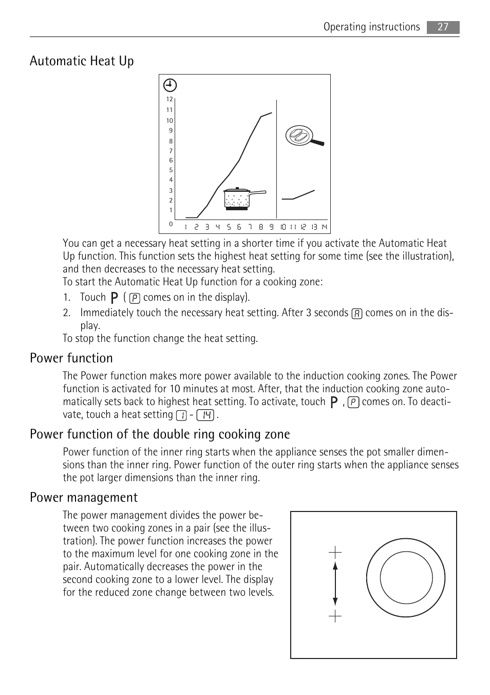 Automatic heat up, Power function, Power function of the double ring cooking zone | Power management | AEG HK653320XB User Manual | Page 27 / 88