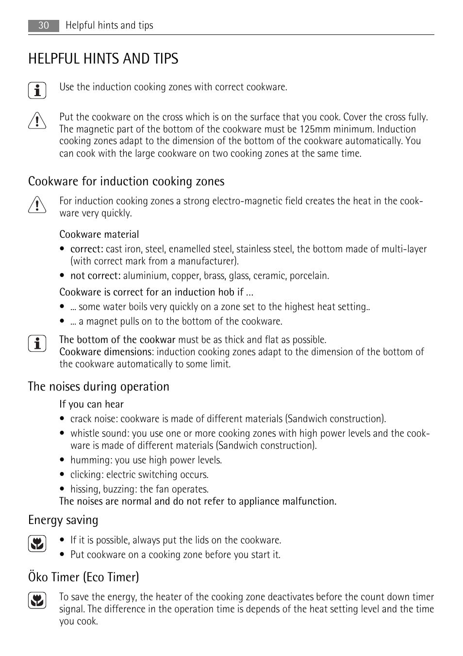 Helpful hints and tips, Cookware for induction cooking zones, The noises during operation | Energy saving, Öko timer (eco timer) | AEG HK653320XB User Manual | Page 30 / 88