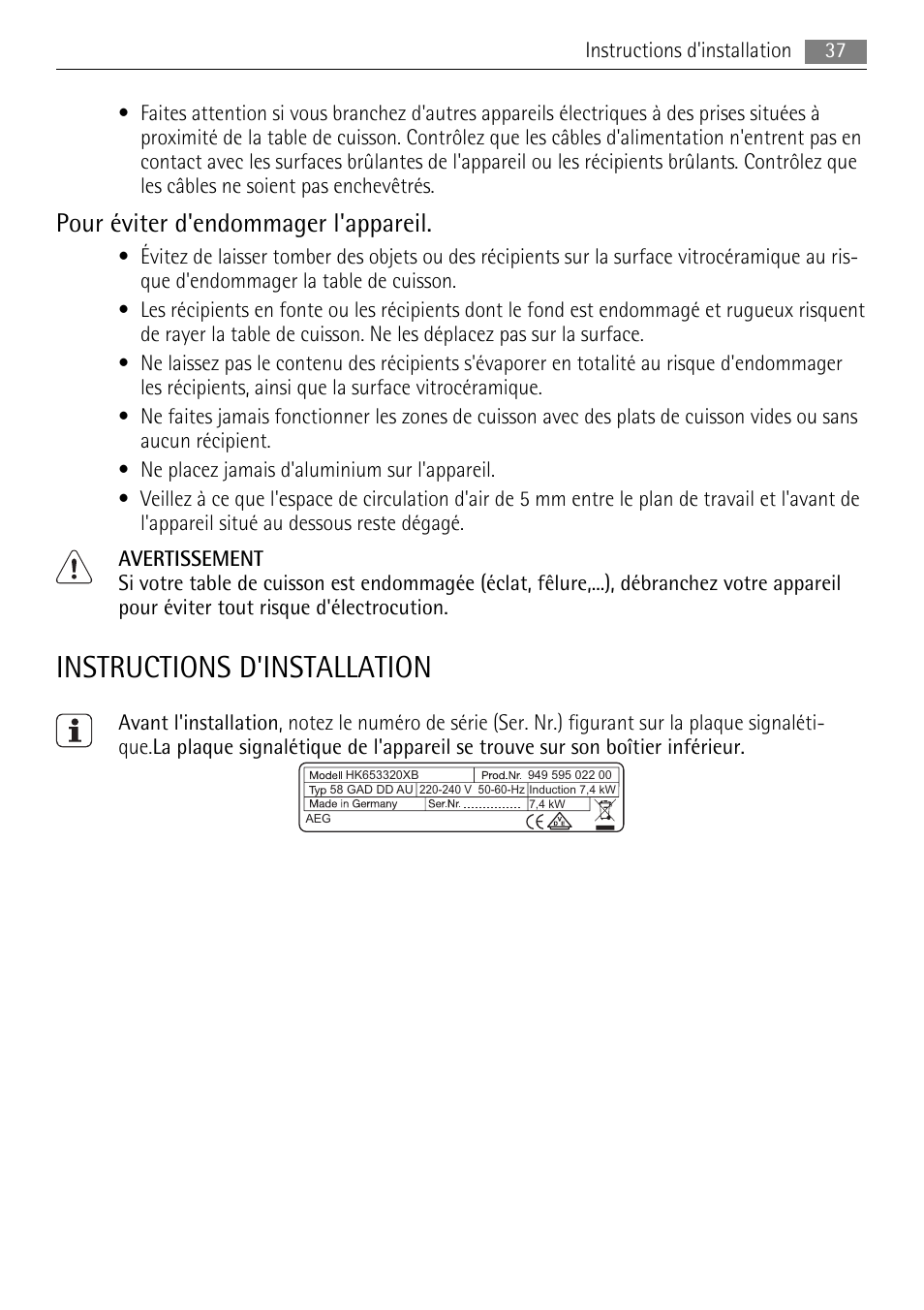 Instructions d'installation, Pour éviter d'endommager l'appareil | AEG HK653320XB User Manual | Page 37 / 88