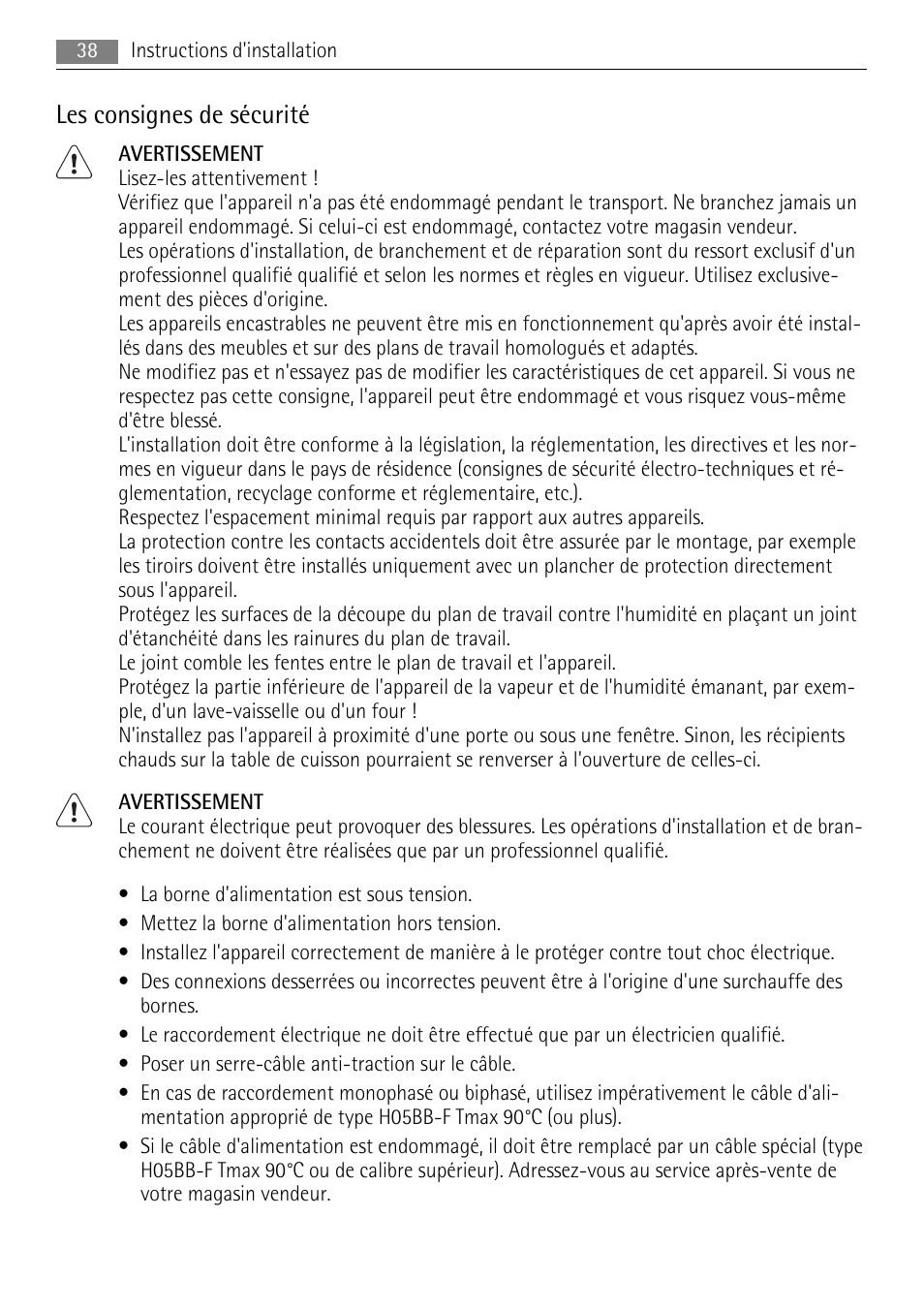 Les consignes de sécurité | AEG HK653320XB User Manual | Page 38 / 88