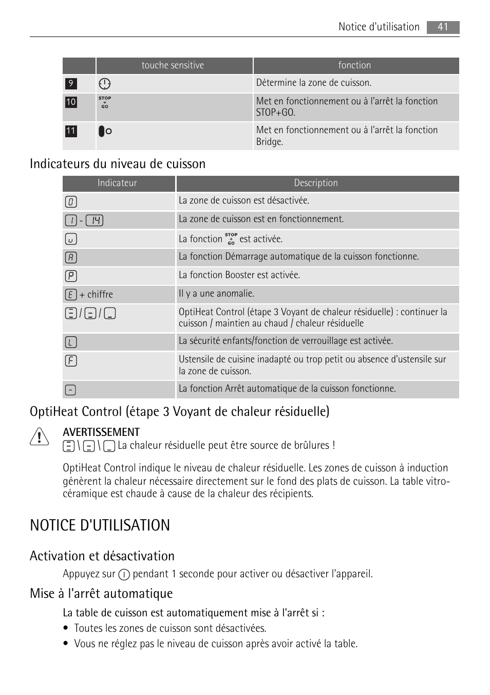 Notice d'utilisation, Indicateurs du niveau de cuisson, Activation et désactivation | Mise à l'arrêt automatique | AEG HK653320XB User Manual | Page 41 / 88