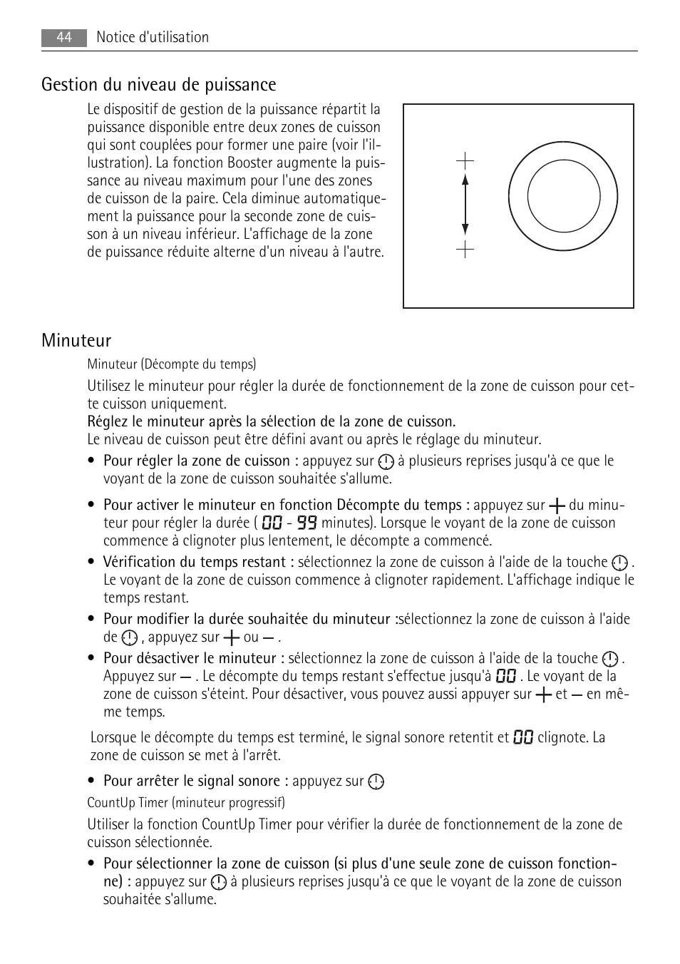Gestion du niveau de puissance, Minuteur | AEG HK653320XB User Manual | Page 44 / 88
