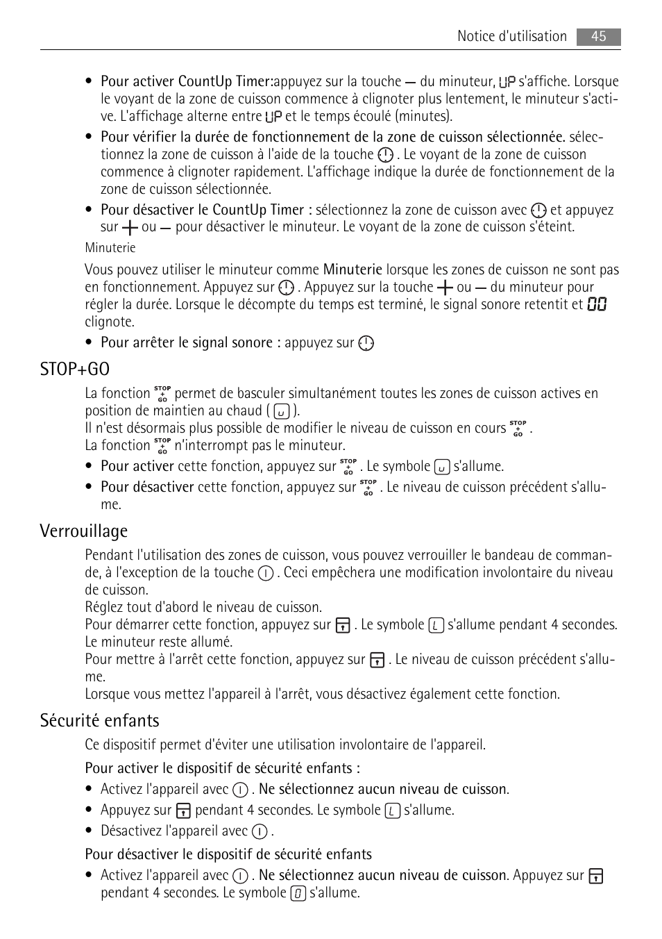 Stop+go, Verrouillage, Sécurité enfants | AEG HK653320XB User Manual | Page 45 / 88