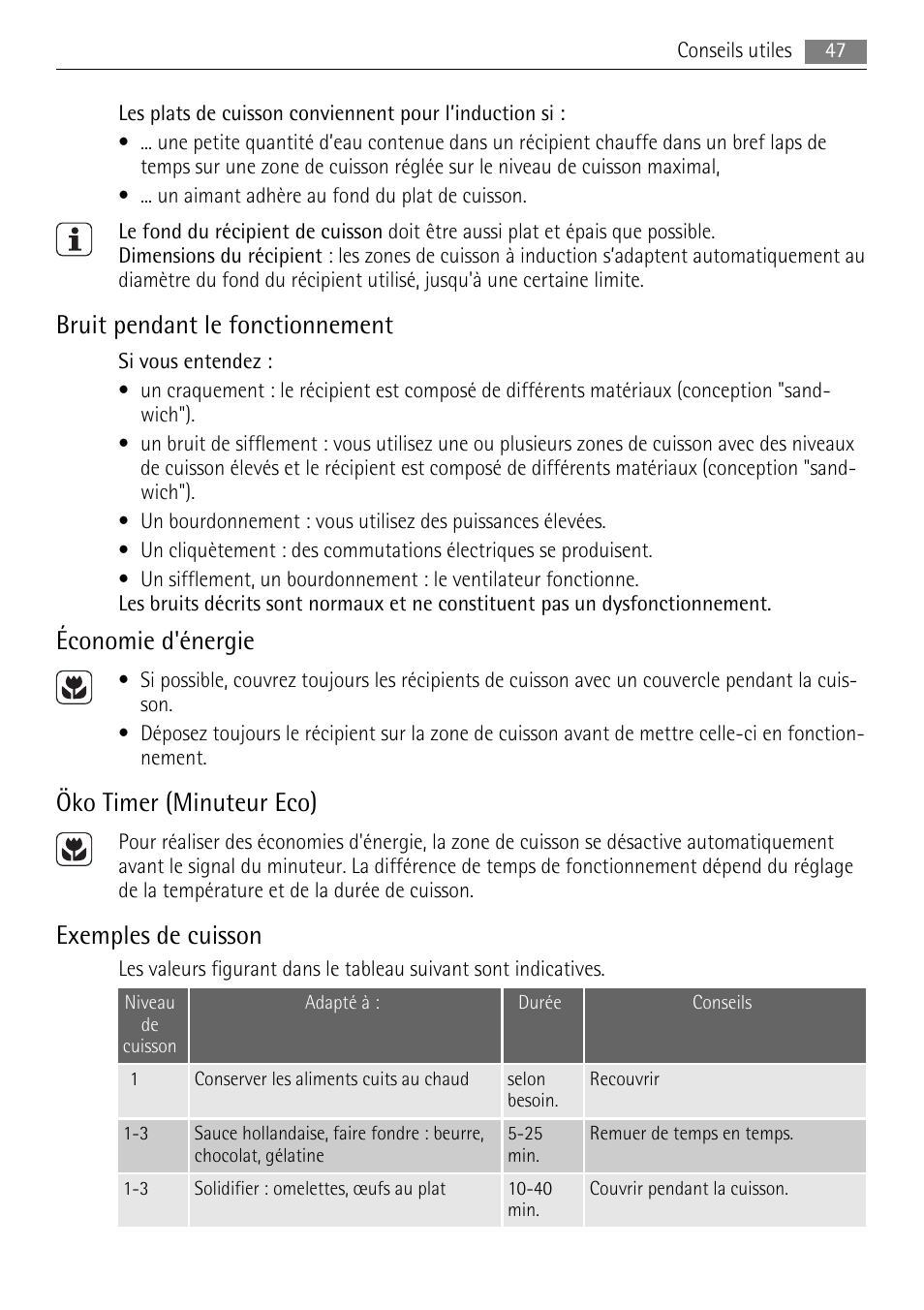 Bruit pendant le fonctionnement, Économie d'énergie, Öko timer (minuteur eco) | Exemples de cuisson | AEG HK653320XB User Manual | Page 47 / 88