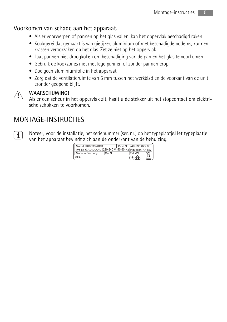 Montage-instructies, Voorkomen van schade aan het apparaat | AEG HK653320XB User Manual | Page 5 / 88