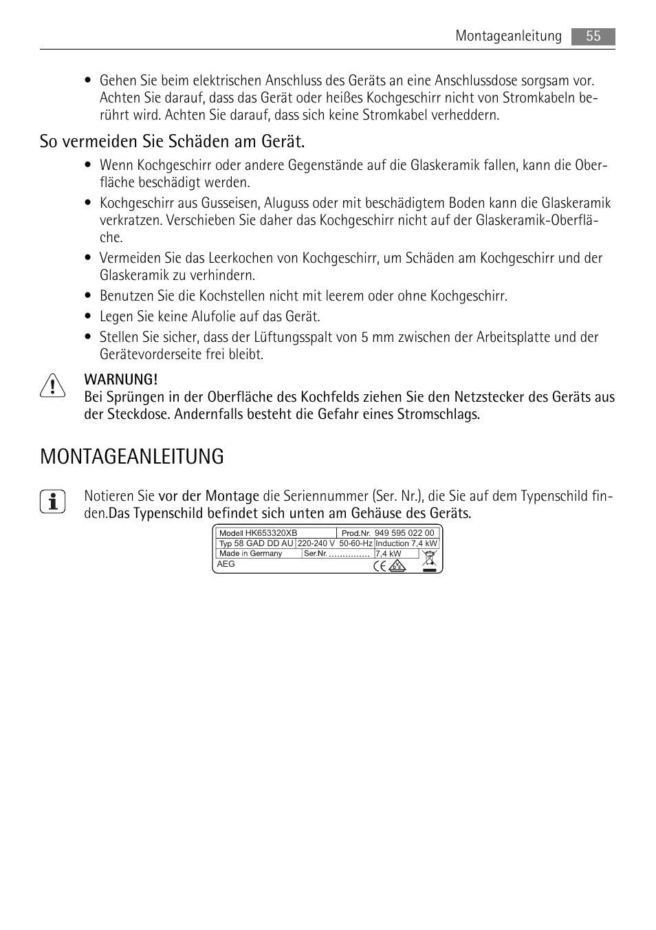 Montageanleitung, So vermeiden sie schäden am gerät | AEG HK653320XB User Manual | Page 55 / 88