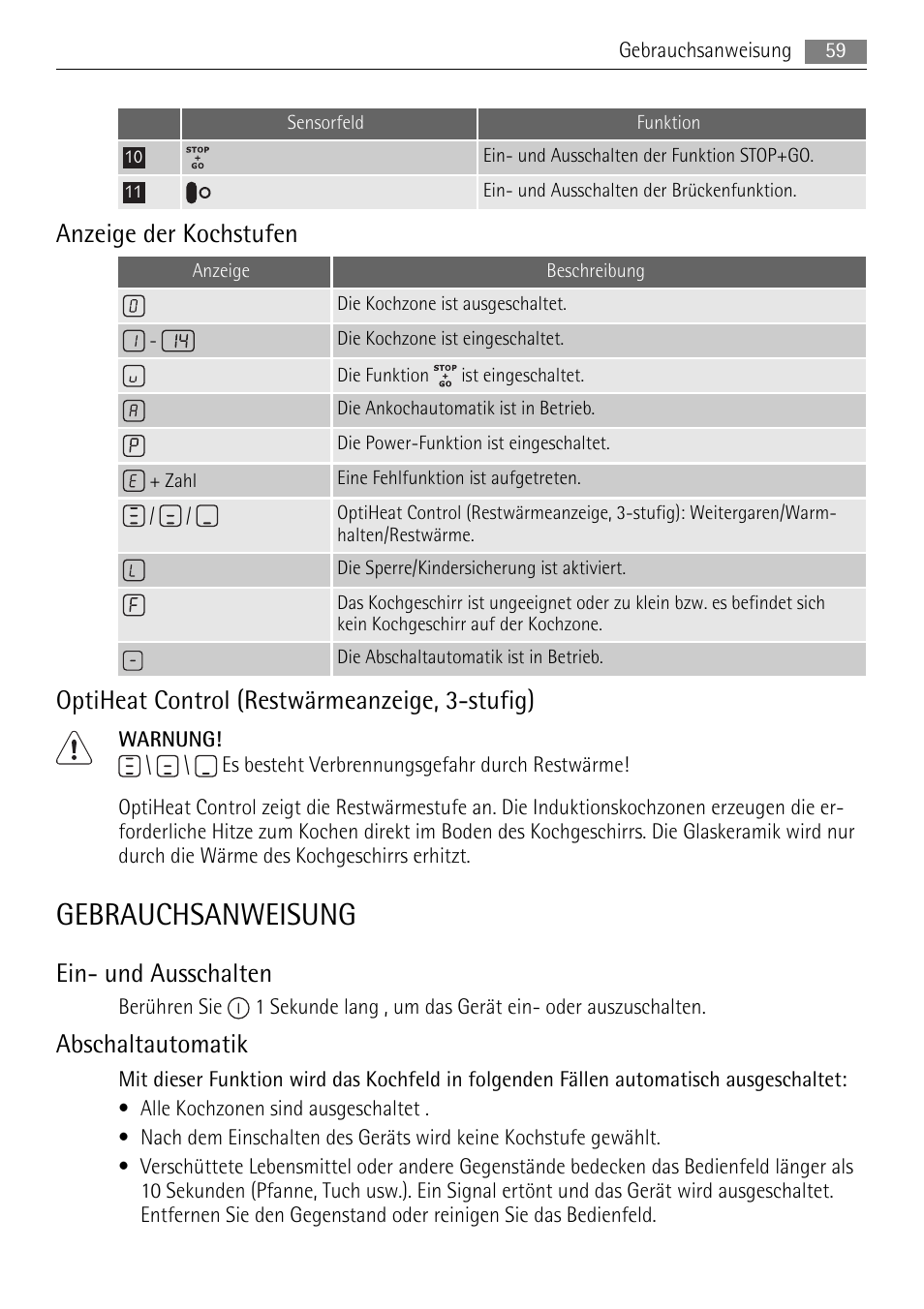 Gebrauchsanweisung, Anzeige der kochstufen, Optiheat control (restwärmeanzeige, 3-stufig) | Ein- und ausschalten, Abschaltautomatik | AEG HK653320XB User Manual | Page 59 / 88