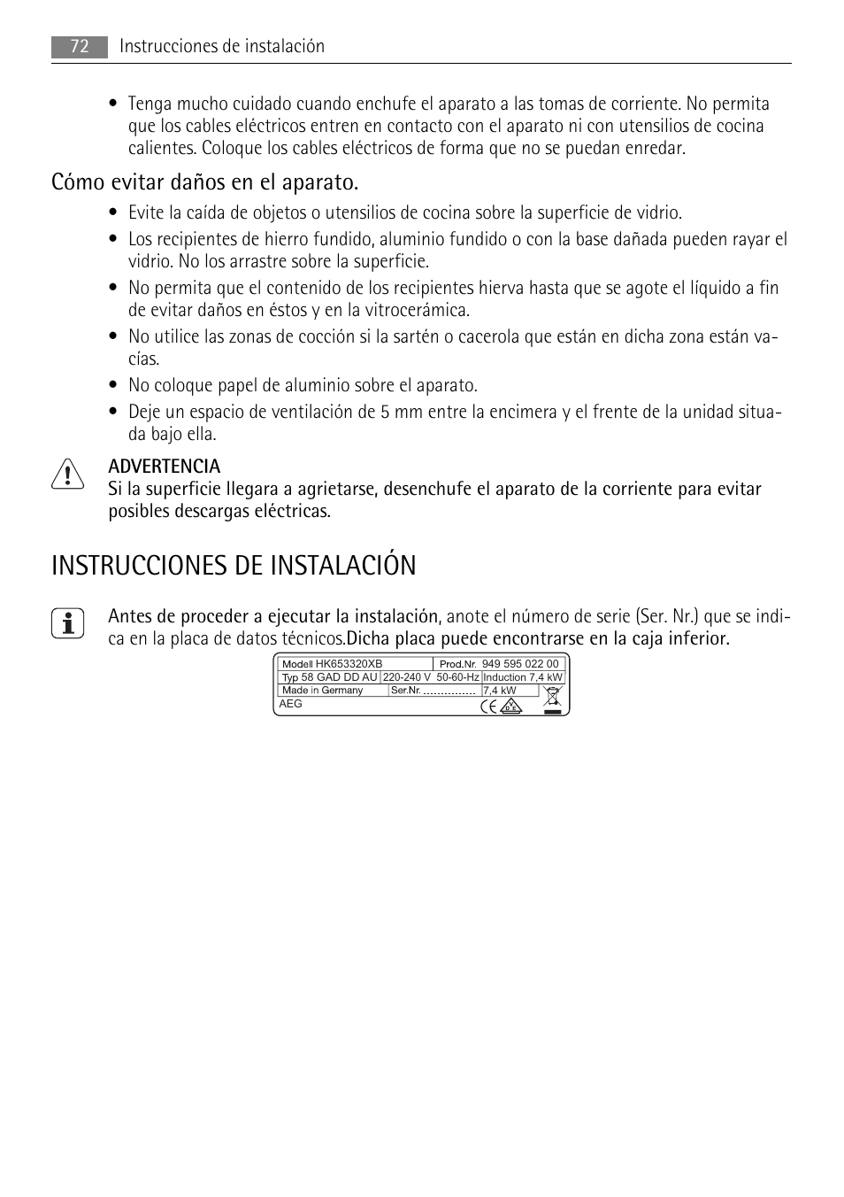 Instrucciones de instalación, Cómo evitar daños en el aparato | AEG HK653320XB User Manual | Page 72 / 88