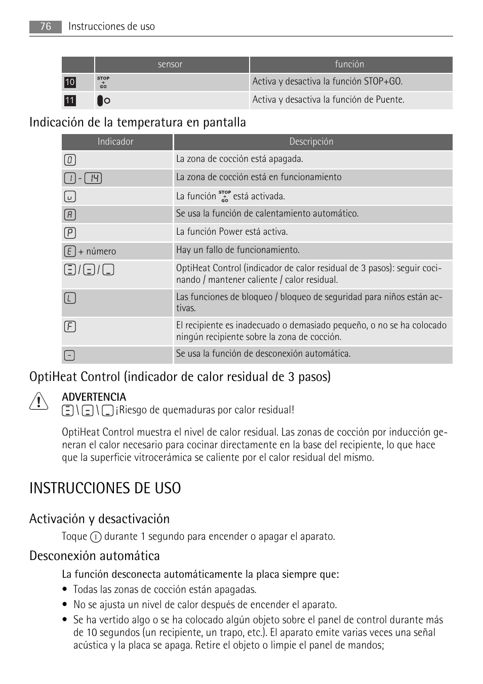 Instrucciones de uso, Indicación de la temperatura en pantalla, Activación y desactivación | Desconexión automática | AEG HK653320XB User Manual | Page 76 / 88