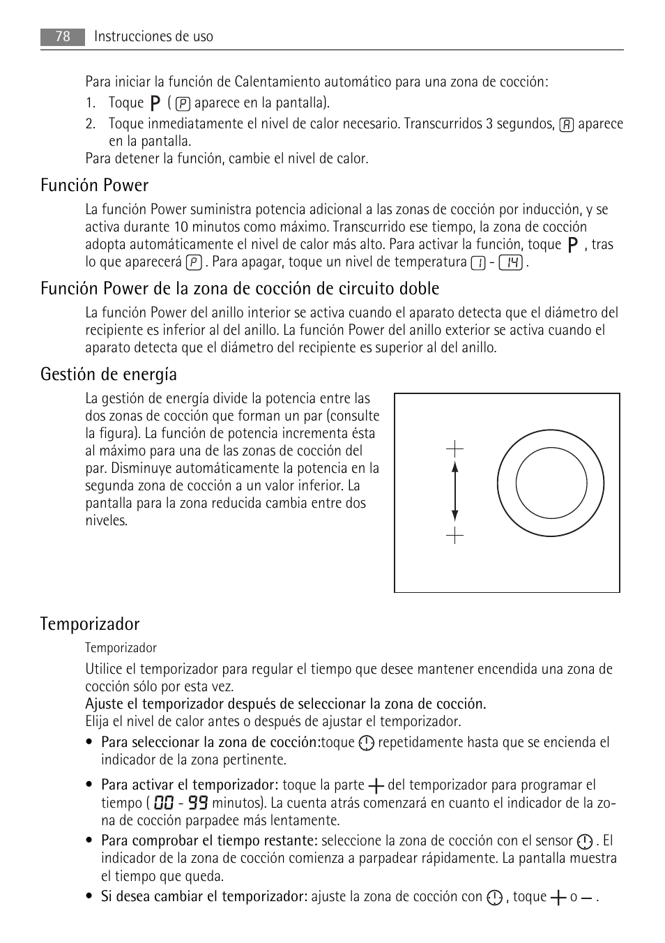 Función power, Gestión de energía, Temporizador | AEG HK653320XB User Manual | Page 78 / 88