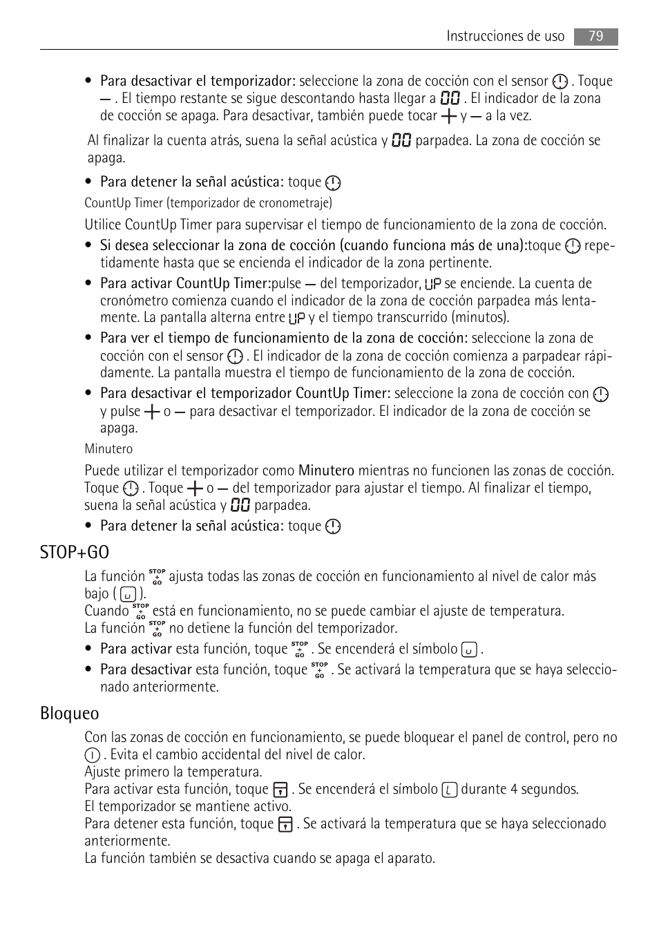 Stop+go, Bloqueo | AEG HK653320XB User Manual | Page 79 / 88
