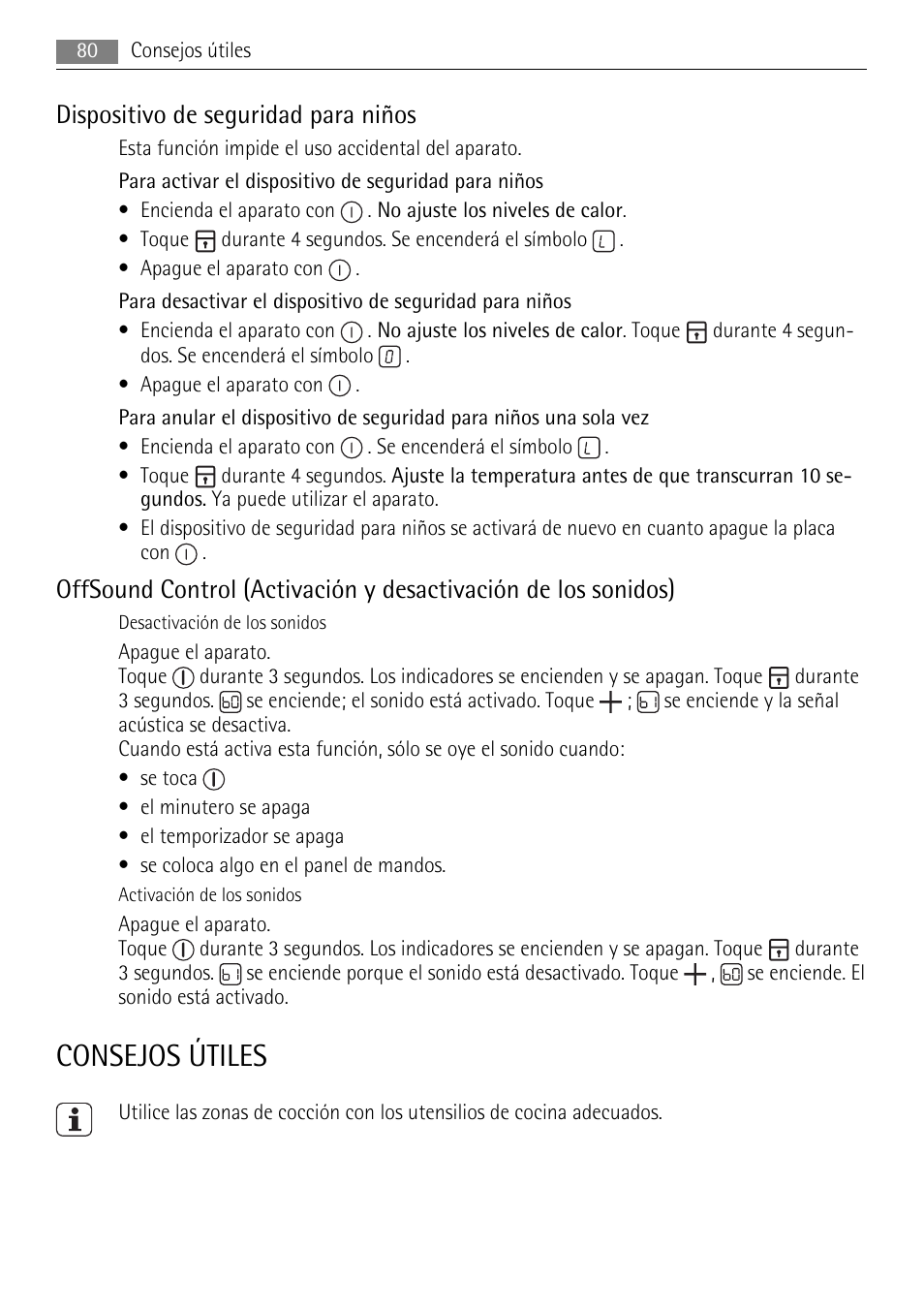 Consejos útiles, Dispositivo de seguridad para niños | AEG HK653320XB User Manual | Page 80 / 88
