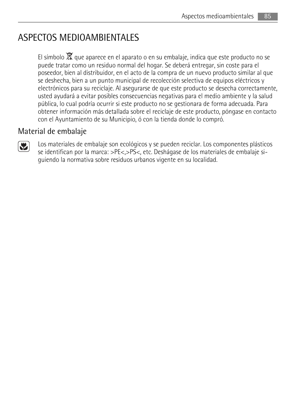 Aspectos medioambientales, Material de embalaje | AEG HK653320XB User Manual | Page 85 / 88