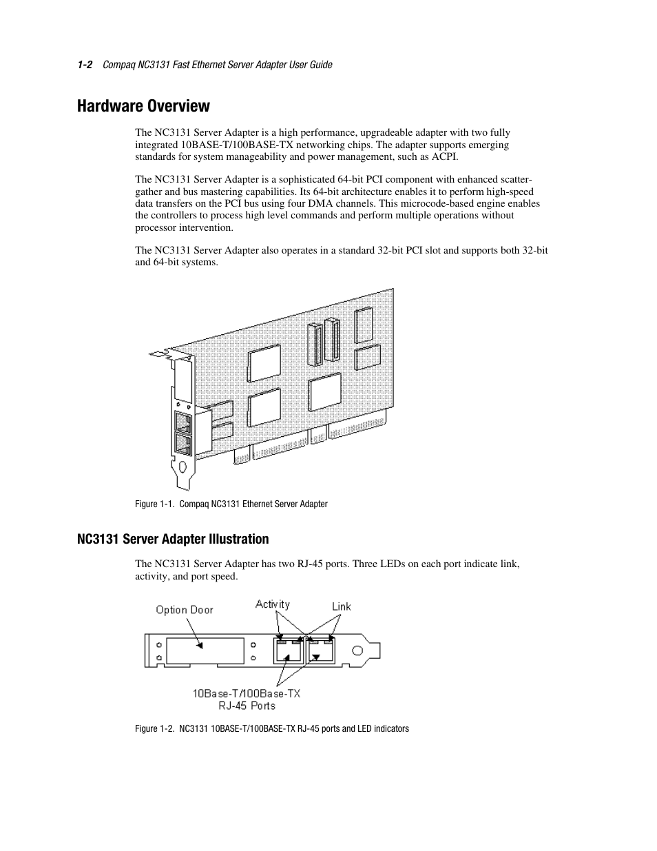 Hardware overview, Nc3131 server adapter illustration, Hardware overview -2 | Nc3131 server adapter illustration -2 | HP NC3131 Fast Ethernet Server Adapter User Manual | Page 10 / 32