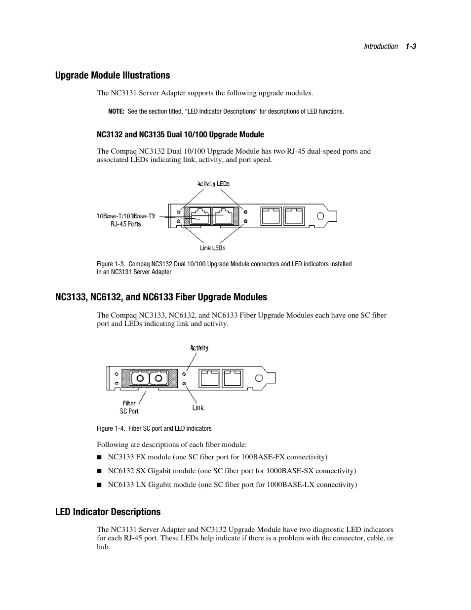 Upgrade module illustrations, Nc3132 and nc3135 dual 10/100 upgrade module, Nc3133, nc6132, and nc6133 fiber upgrade modules | Led indicator descriptions, Upgrade module illustrations -3 | HP NC3131 Fast Ethernet Server Adapter User Manual | Page 11 / 32