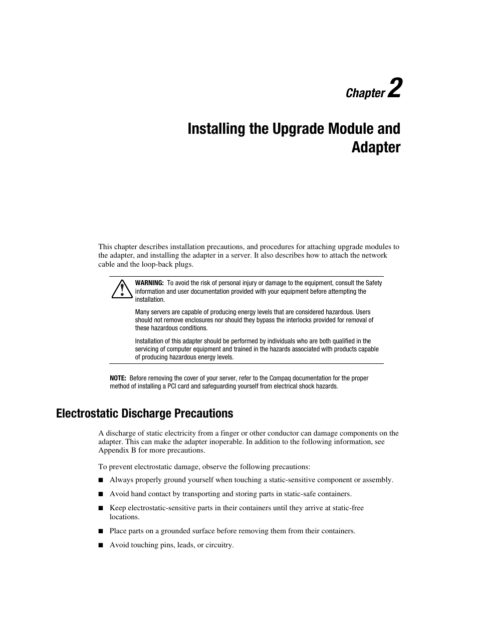 Electrostatic discharge precautions, Chapter 2, Installing the upgrade module and adapter | Electrostatic discharge precautions -1, Chapter | HP NC3131 Fast Ethernet Server Adapter User Manual | Page 13 / 32
