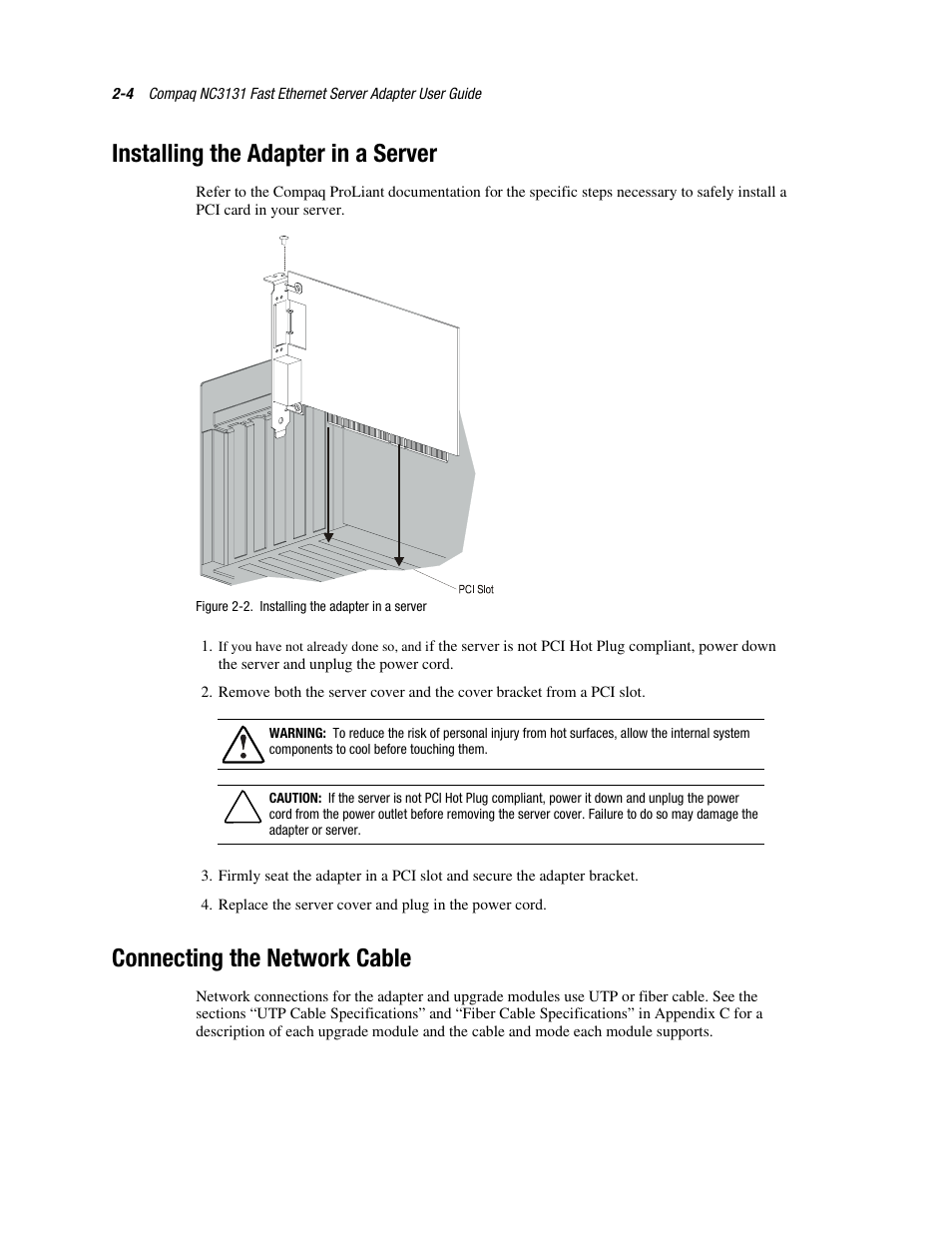 Installing the adapter in a server, Connecting the network cable, Installing the adapter in a server -4 | Connecting the network cable -4 | HP NC3131 Fast Ethernet Server Adapter User Manual | Page 16 / 32