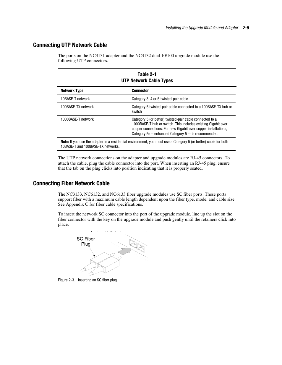 Connecting utp network cable, Connecting fiber network cable, Connecting utp network cable -5 | Connecting fiber network cable -5 | HP NC3131 Fast Ethernet Server Adapter User Manual | Page 17 / 32