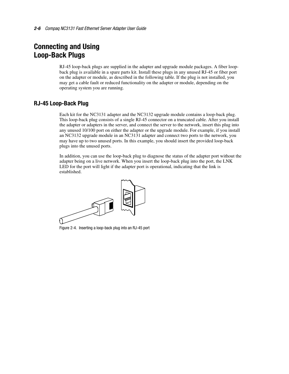 Connecting and using loop-back plugs, Rj-45 loop-back plug, Connecting and using loop-back plugs -6 | Rj-45 loop-back plug -6 | HP NC3131 Fast Ethernet Server Adapter User Manual | Page 18 / 32