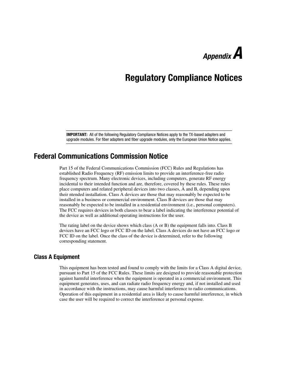 Appendix a: regulatory compliance notices, Federal communications commission notice, Class a equipment | Appendix a, Regulatory compliance notices | HP NC3131 Fast Ethernet Server Adapter User Manual | Page 19 / 32