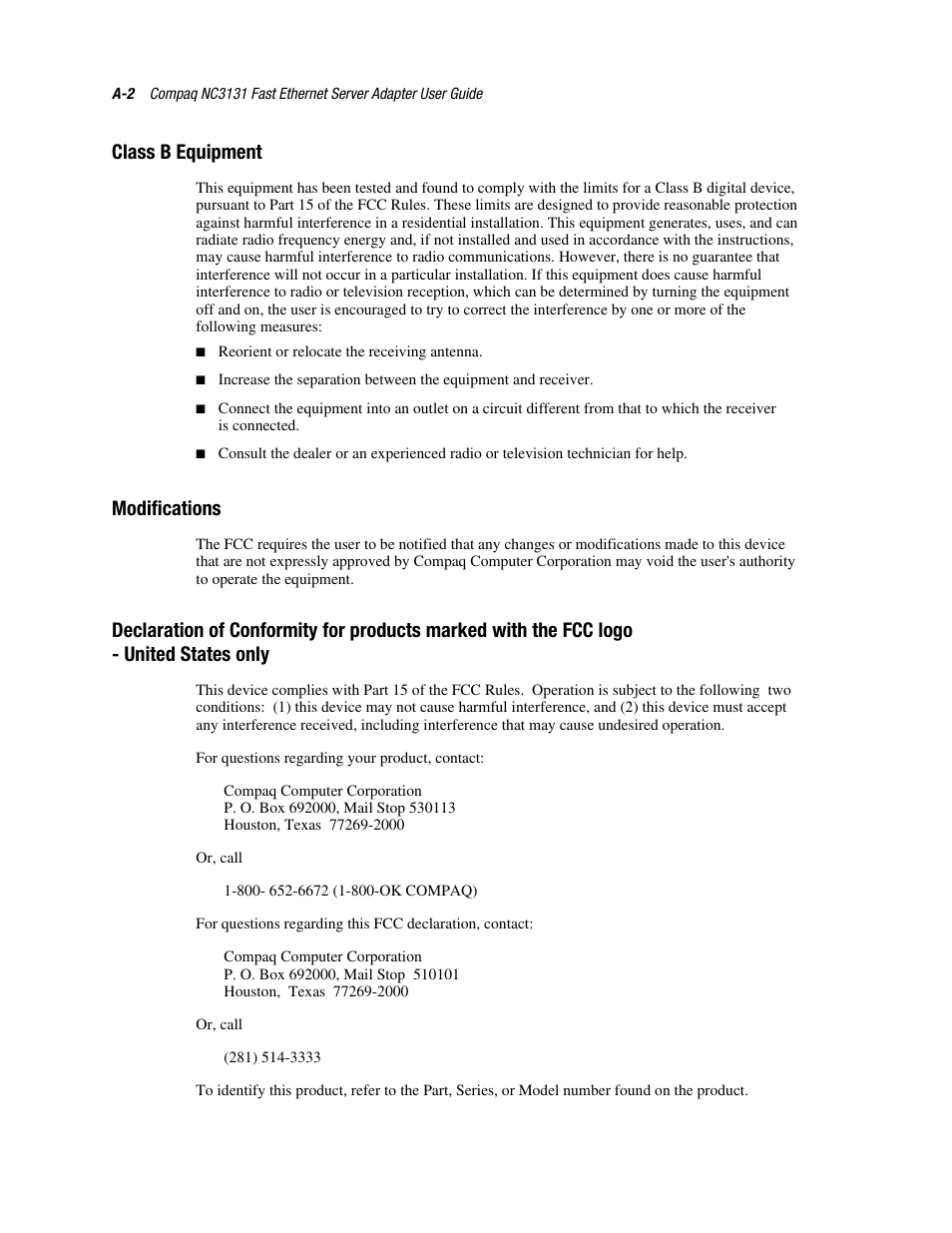 Class b equipment, Modifications | HP NC3131 Fast Ethernet Server Adapter User Manual | Page 20 / 32
