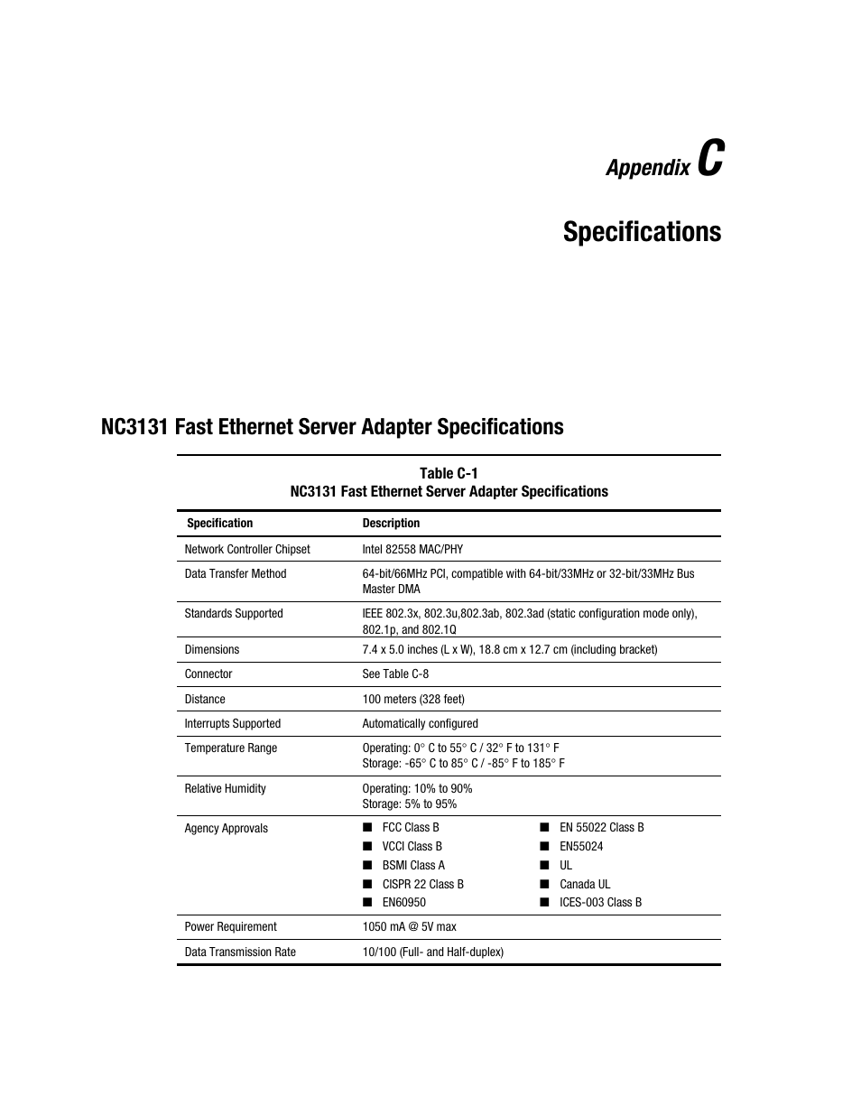 Appendix c: specifications, Nc3131 fast ethernet server adapter specifications, Appendix c | Specifications, Appendix | HP NC3131 Fast Ethernet Server Adapter User Manual | Page 24 / 32