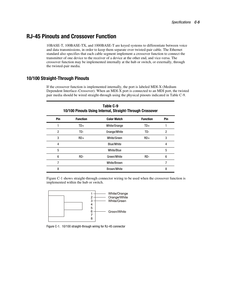 Rj-45 pinouts and crossover function, 10/100 straight-through pinouts | HP NC3131 Fast Ethernet Server Adapter User Manual | Page 28 / 32