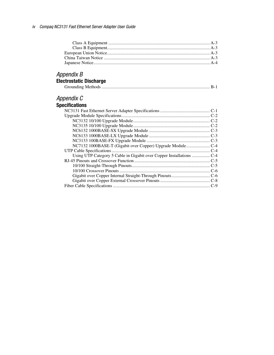 Appendix b, Appendix c | HP NC3131 Fast Ethernet Server Adapter User Manual | Page 4 / 32