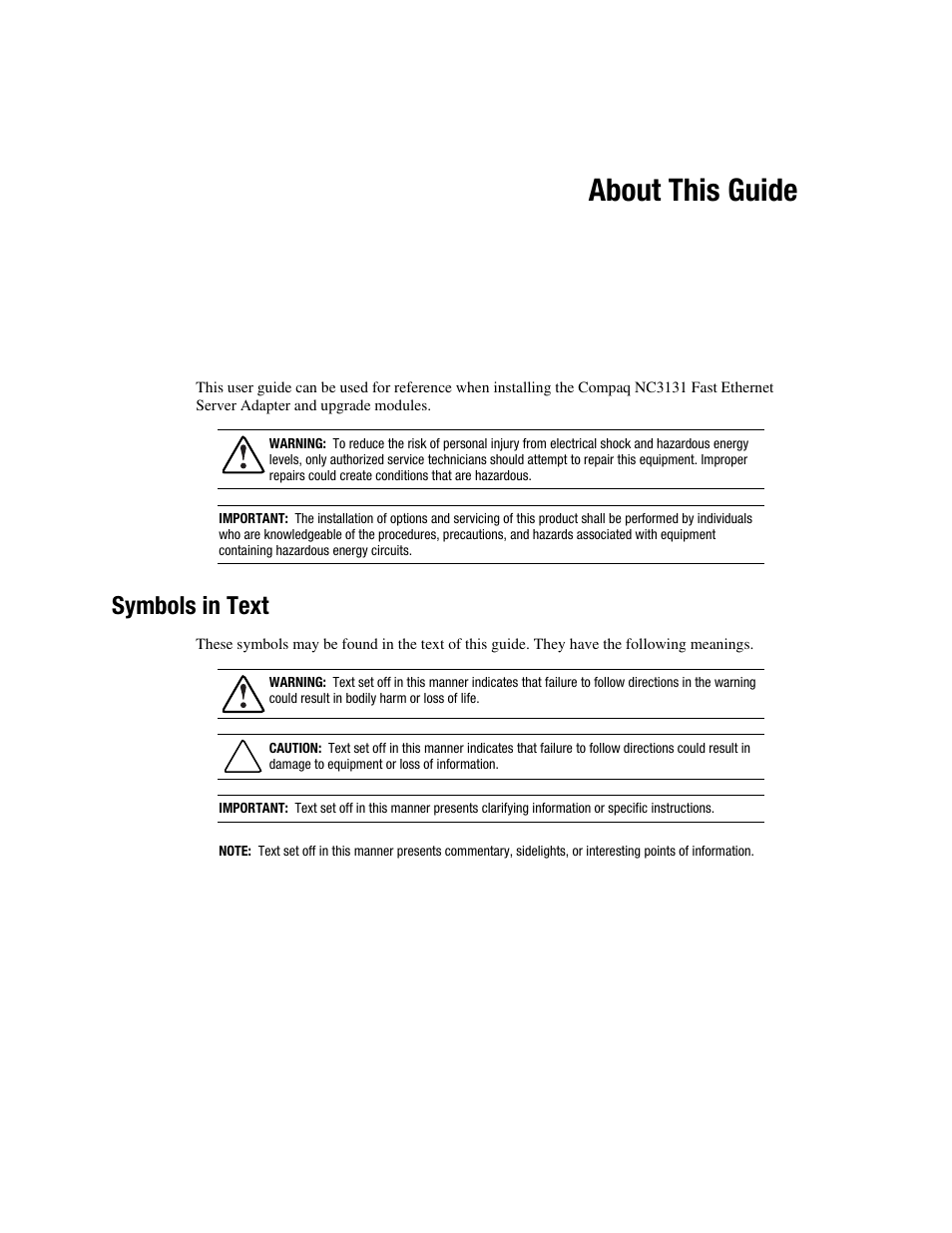 About this guide, Symbols in text | HP NC3131 Fast Ethernet Server Adapter User Manual | Page 5 / 32