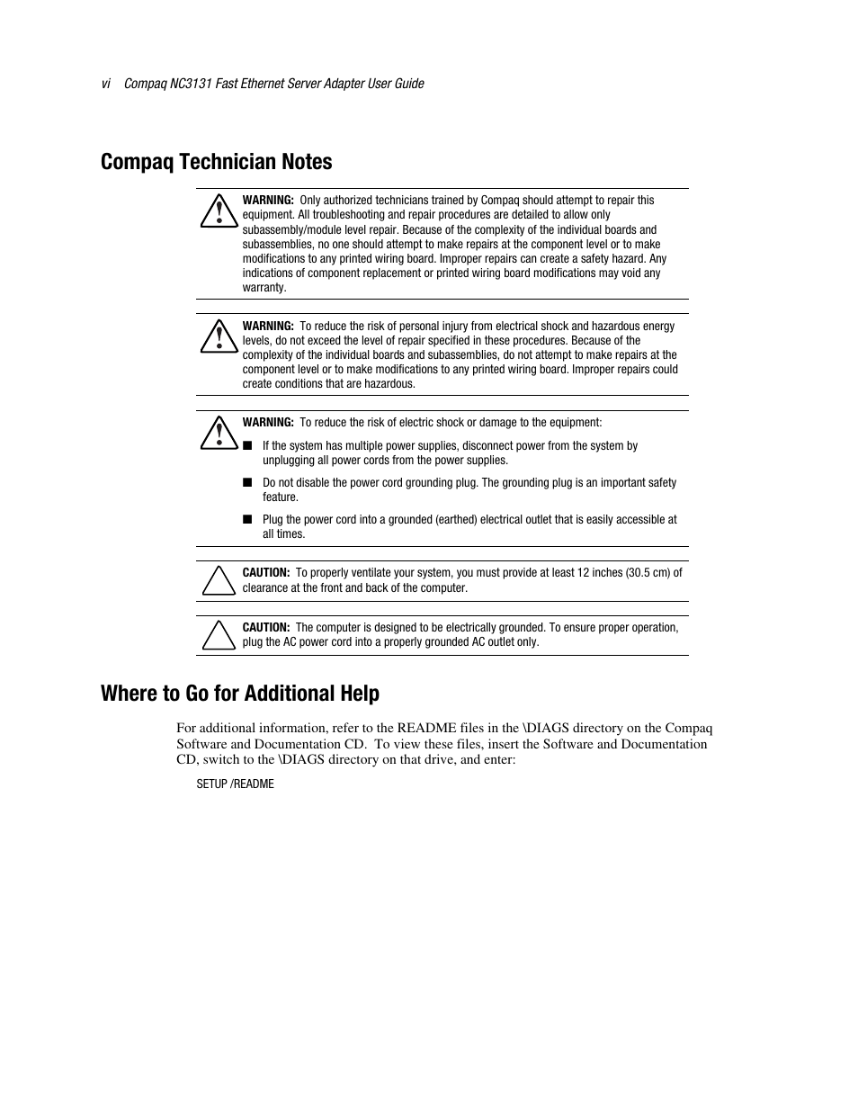 Compaq technician notes, Where to go for additional help | HP NC3131 Fast Ethernet Server Adapter User Manual | Page 6 / 32