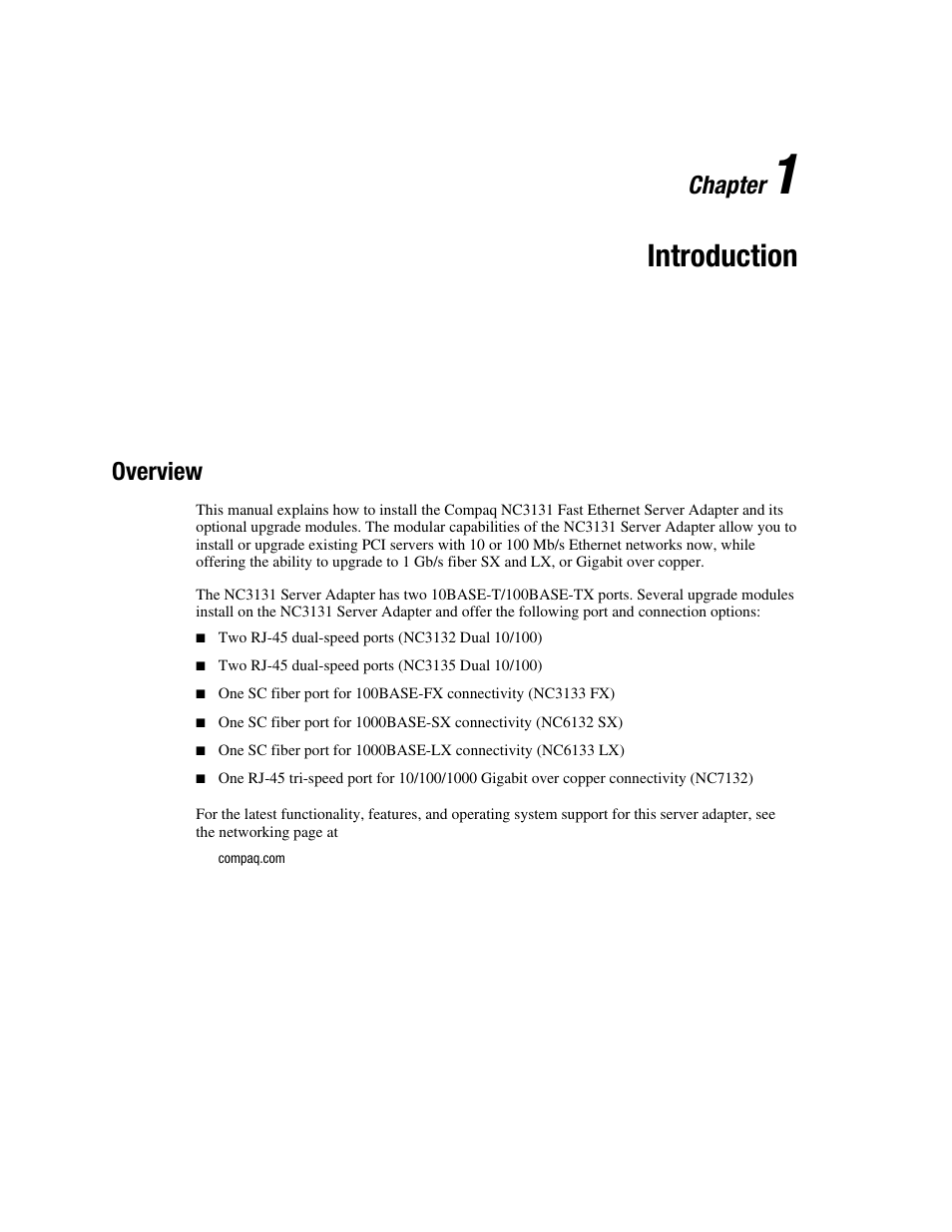 Chapter 1: introduction, Overview, Chapter 1 | Introduction, Overview -1, Chapter | HP NC3131 Fast Ethernet Server Adapter User Manual | Page 9 / 32