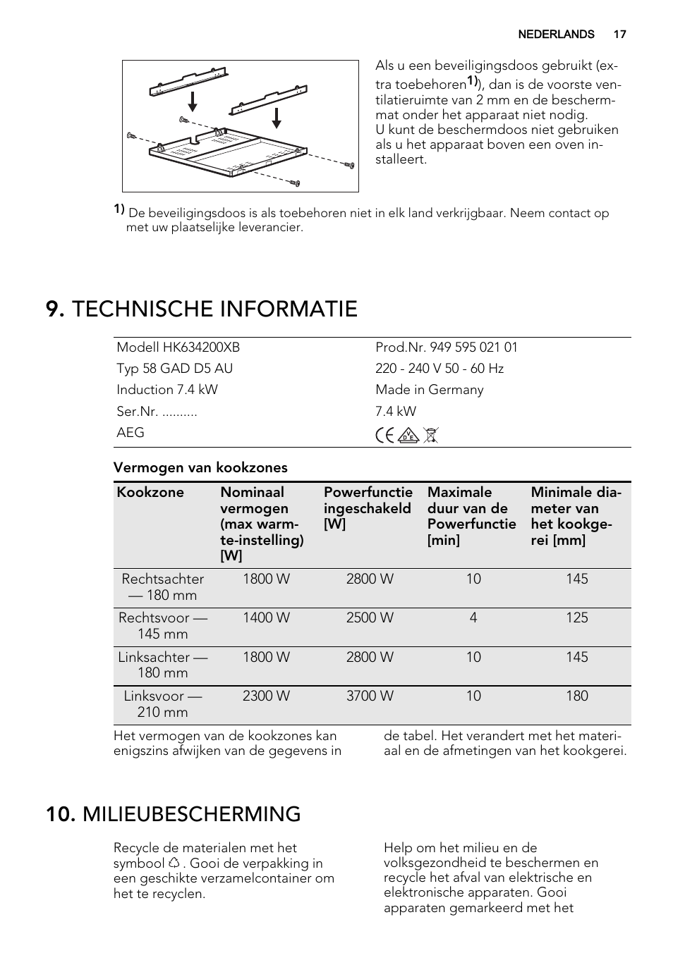Technische informatie, Milieubescherming | AEG HK634200XB User Manual | Page 17 / 68